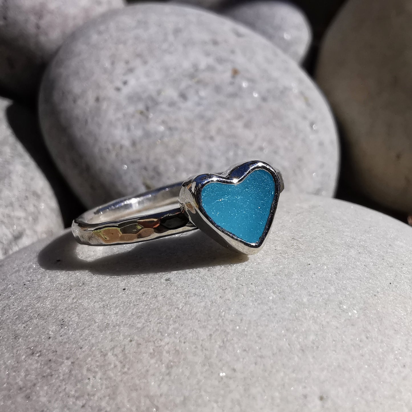Tiny Scottish aquamarine blue glass heart & sterling silver ring.