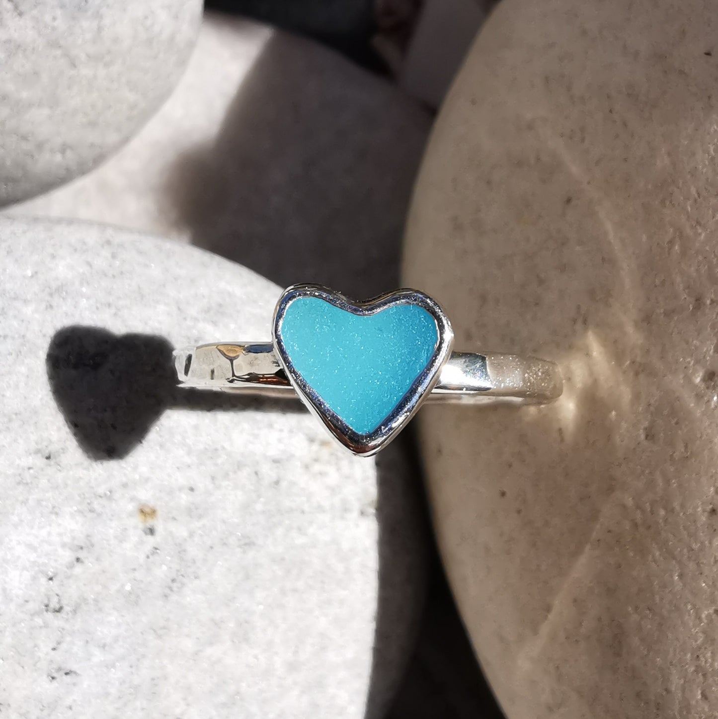 Tiny Scottish aquamarine blue glass heart & sterling silver ring.