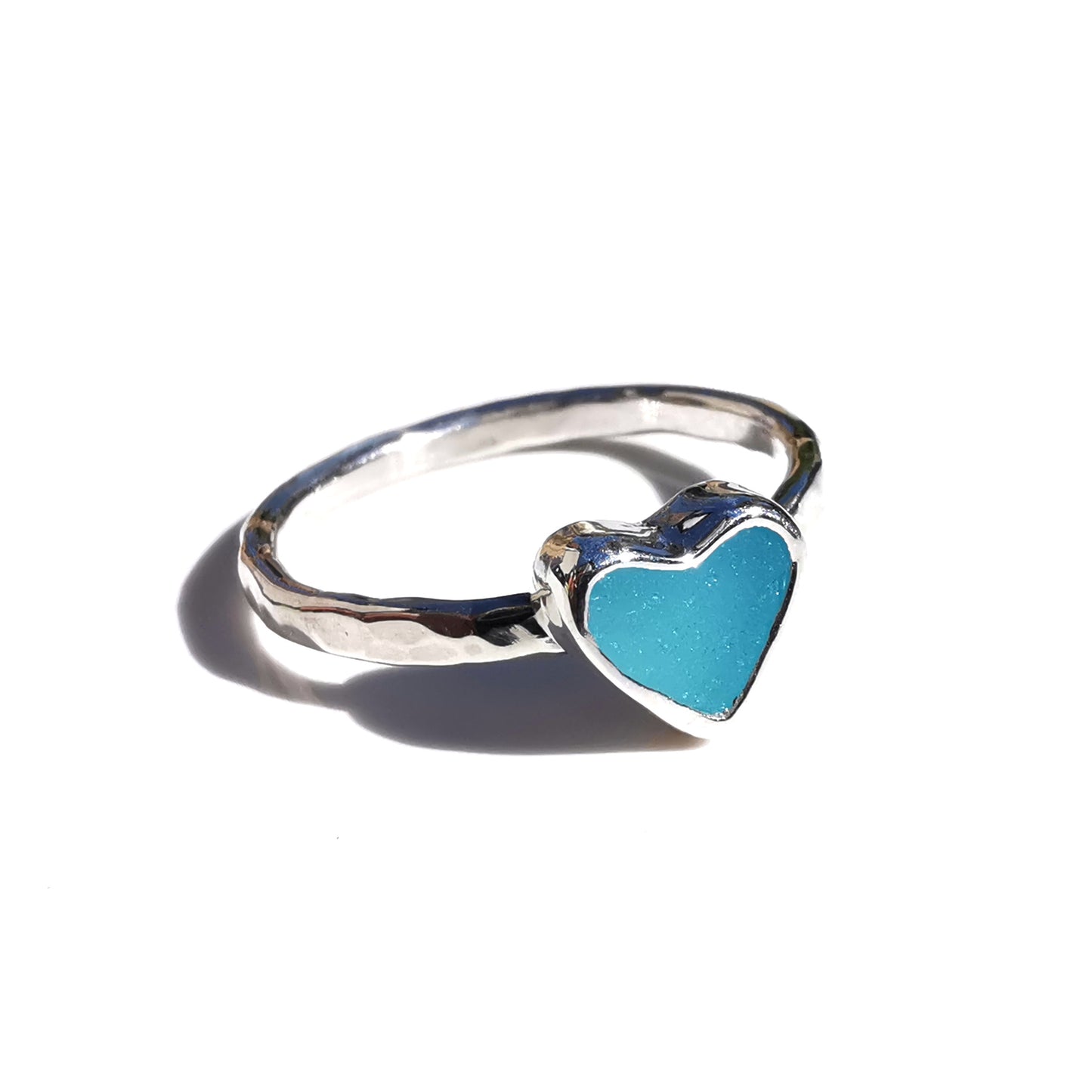 Tiny Scottish aquamarine blue glass heart & sterling silver ring.