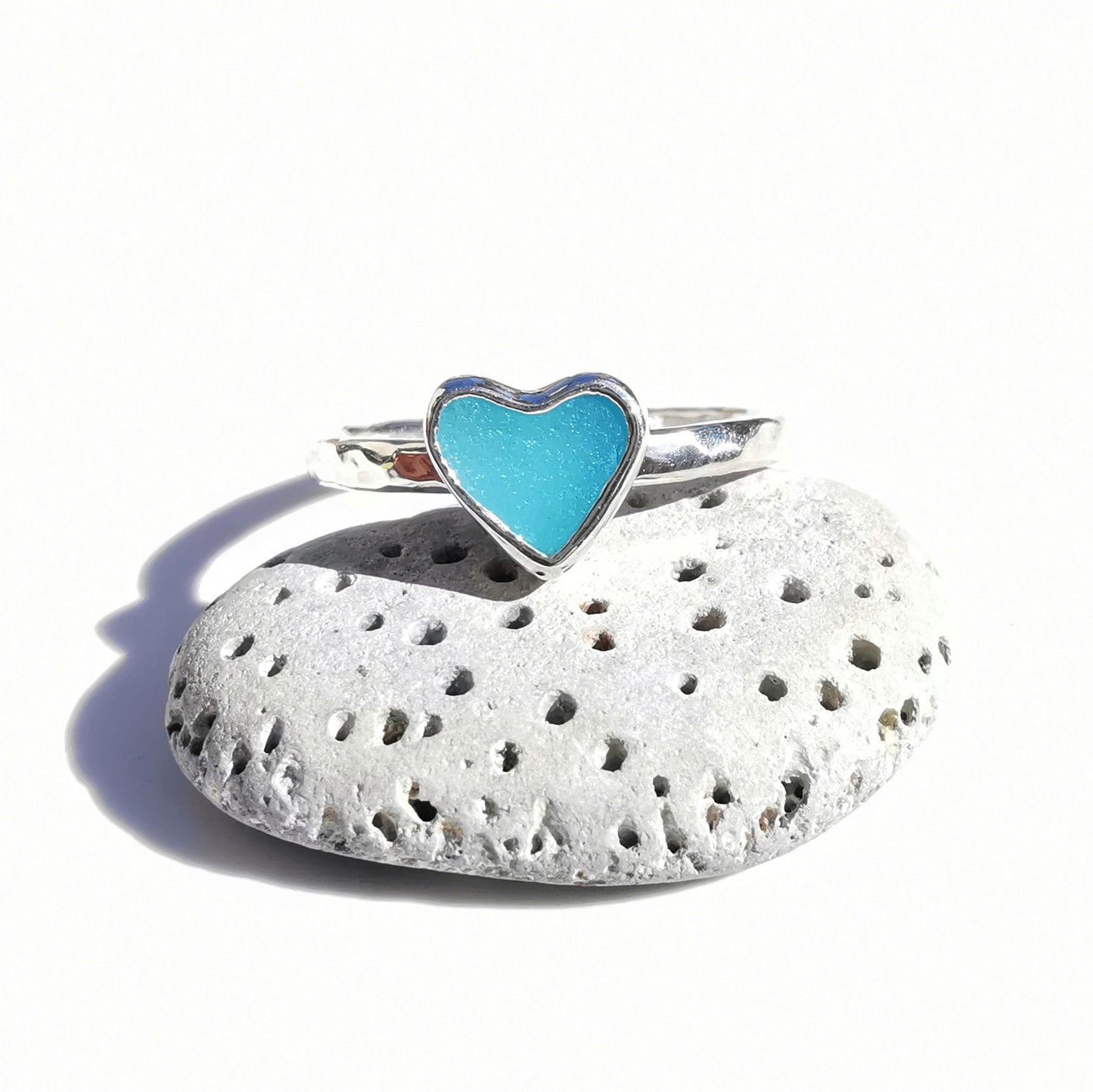 Tiny Scottish aquamarine blue glass heart & sterling silver ring.