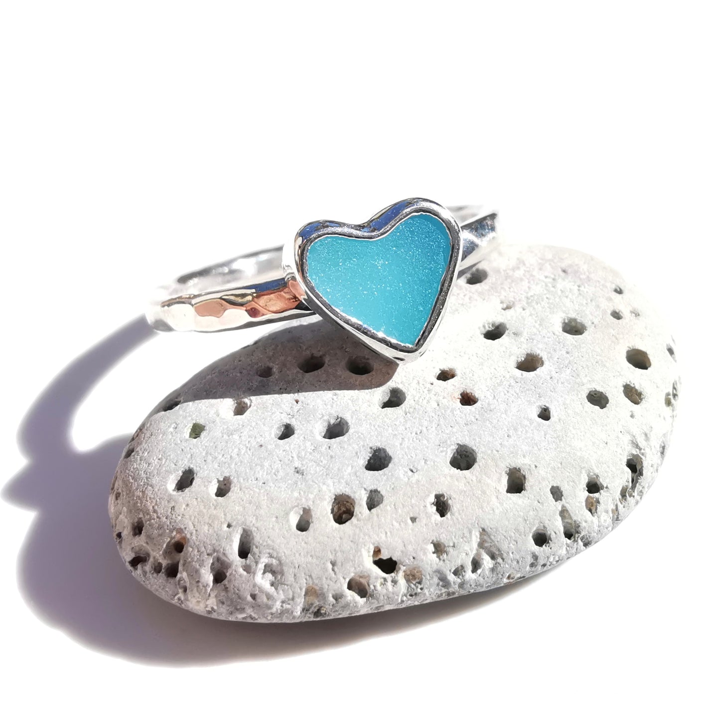 Tiny Scottish aquamarine blue glass heart & sterling silver ring.