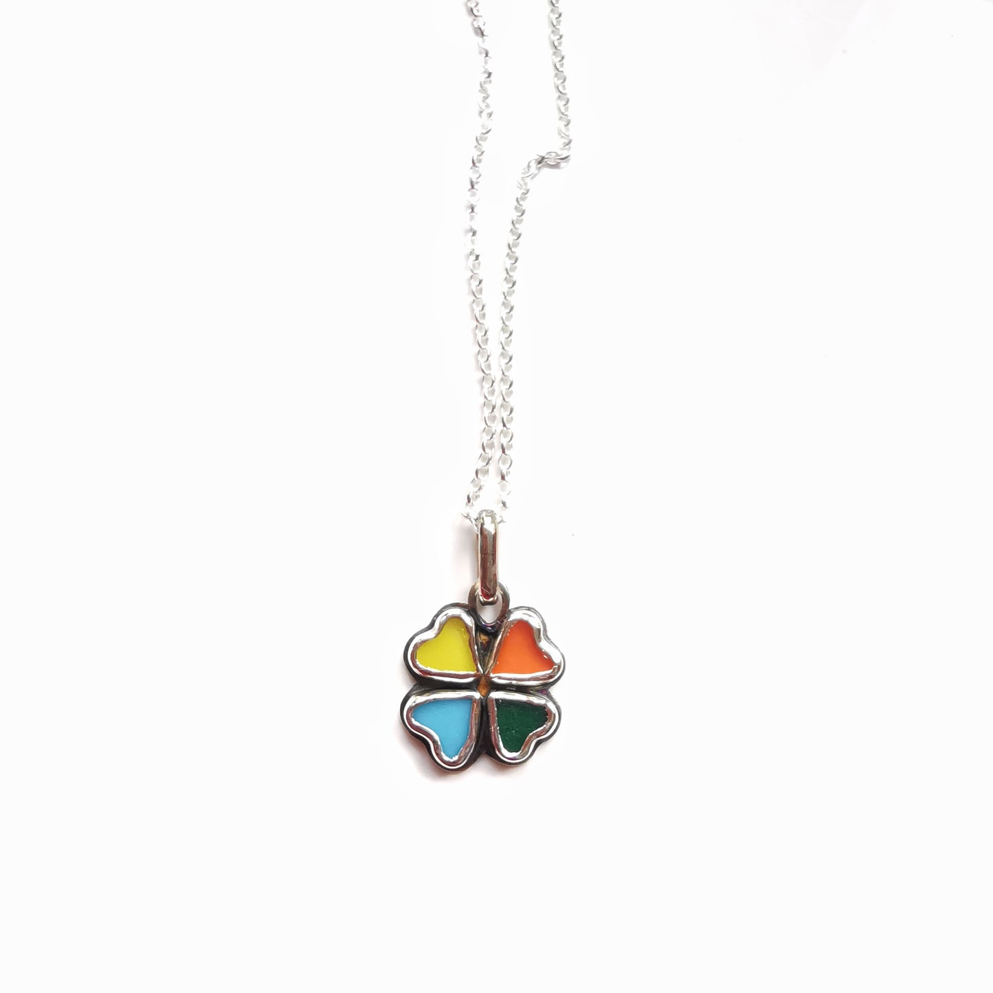 Colourful clover sea glass hearts & sterling silver pendant.