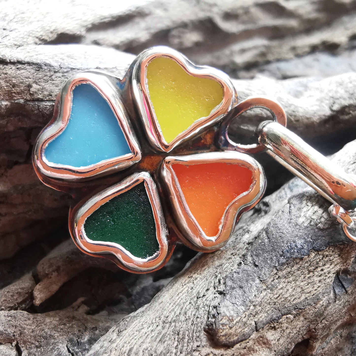 Colourful clover sea glass hearts & sterling silver pendant.