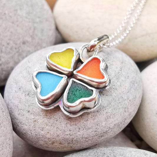 Colourful clover sea glass hearts & sterling silver pendant.