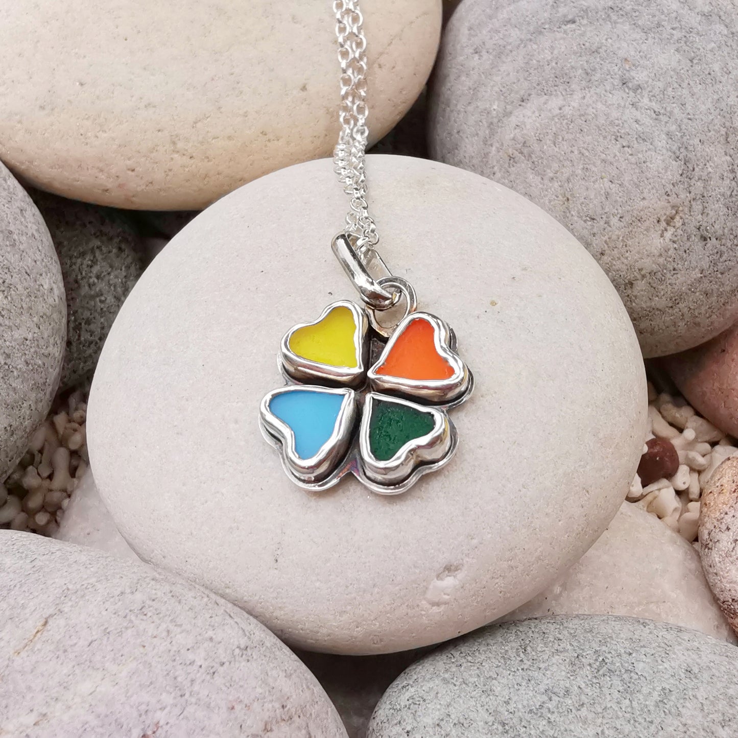 Colourful clover sea glass hearts & sterling silver pendant.