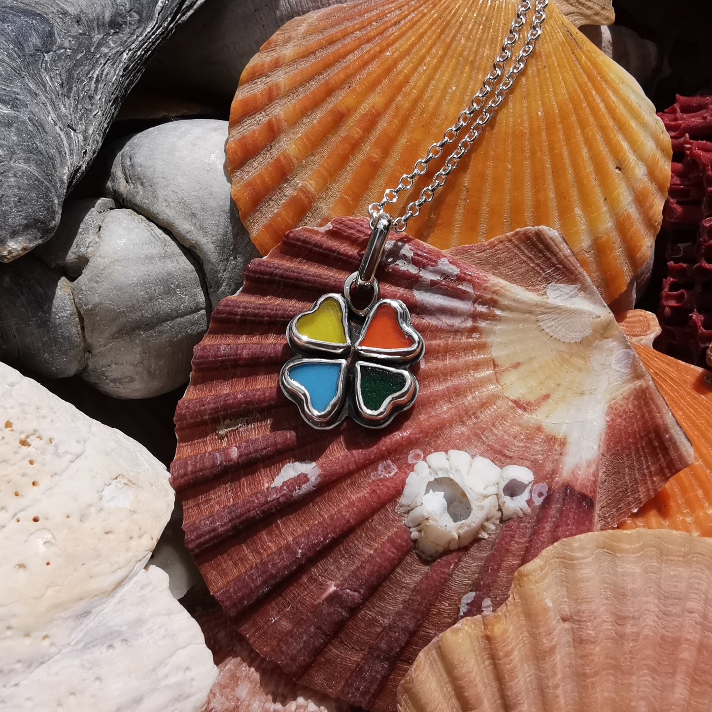 Colourful clover sea glass hearts & sterling silver pendant.