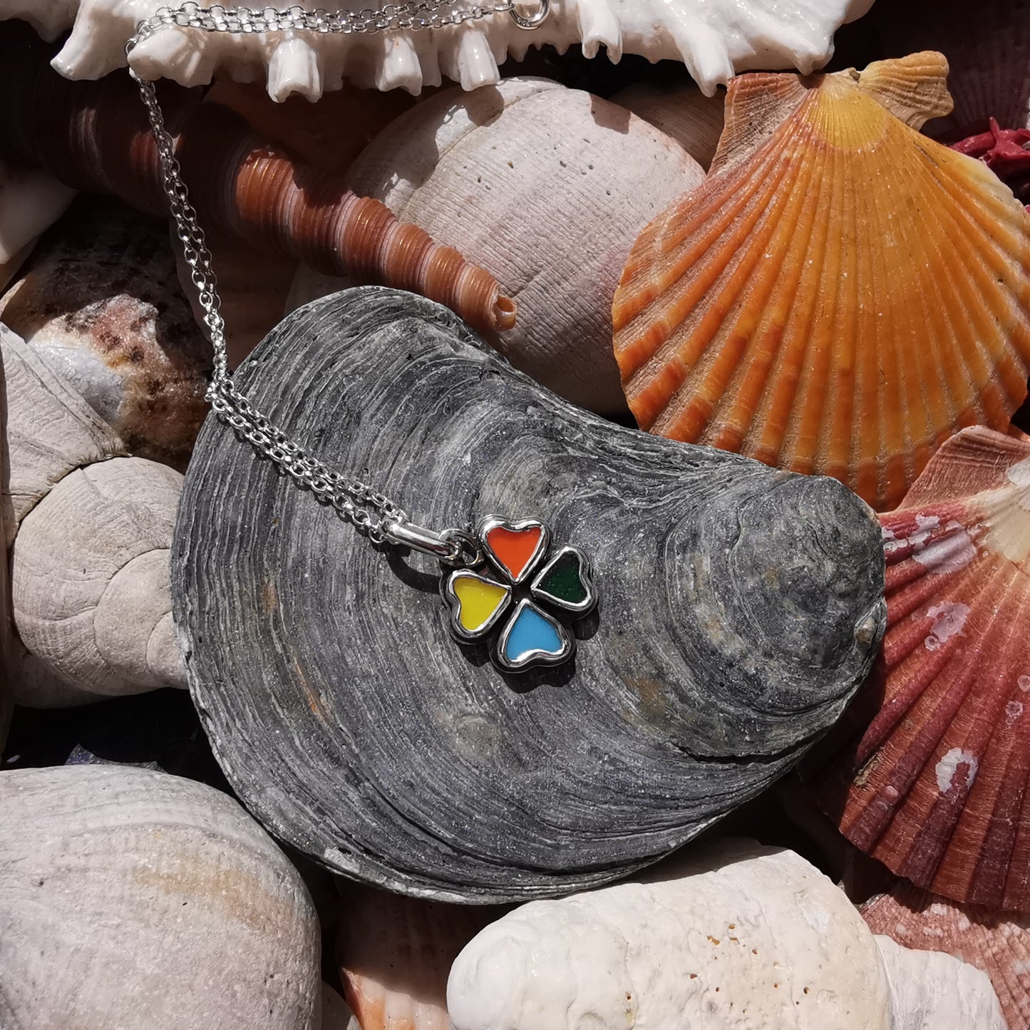 Colourful clover sea glass hearts & sterling silver pendant.