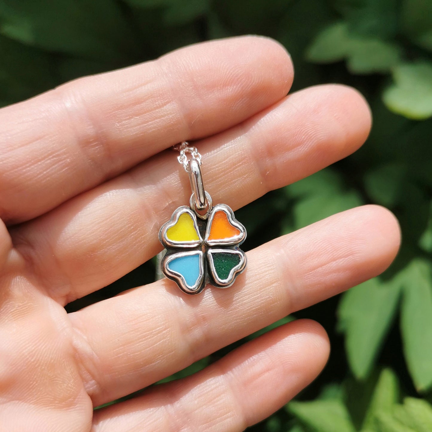 Colourful clover sea glass hearts & sterling silver pendant.