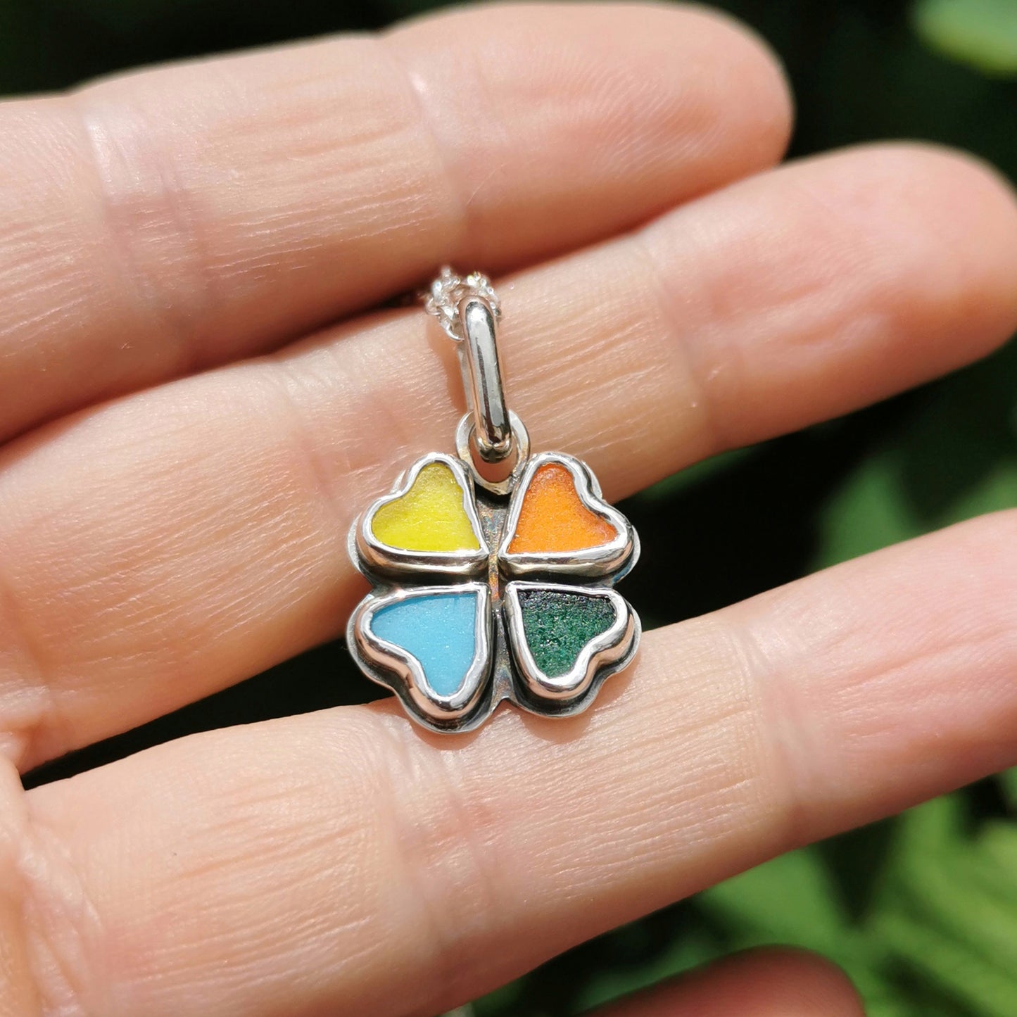 Colourful clover sea glass hearts & sterling silver pendant.