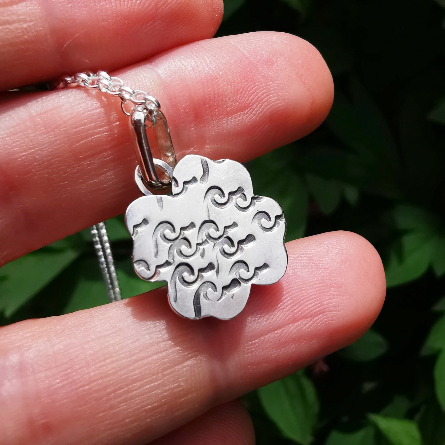 Colourful clover sea glass hearts & sterling silver pendant.