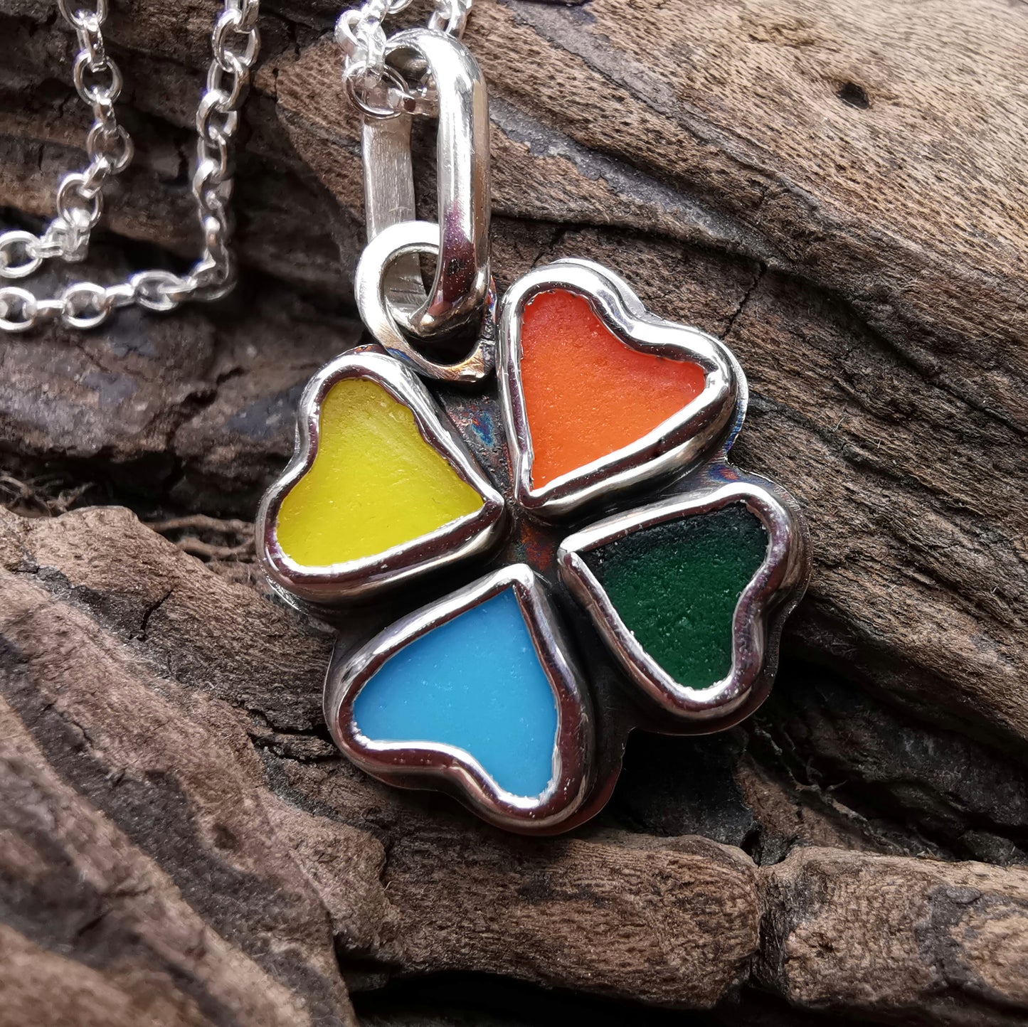 Colourful clover sea glass hearts & sterling silver pendant.