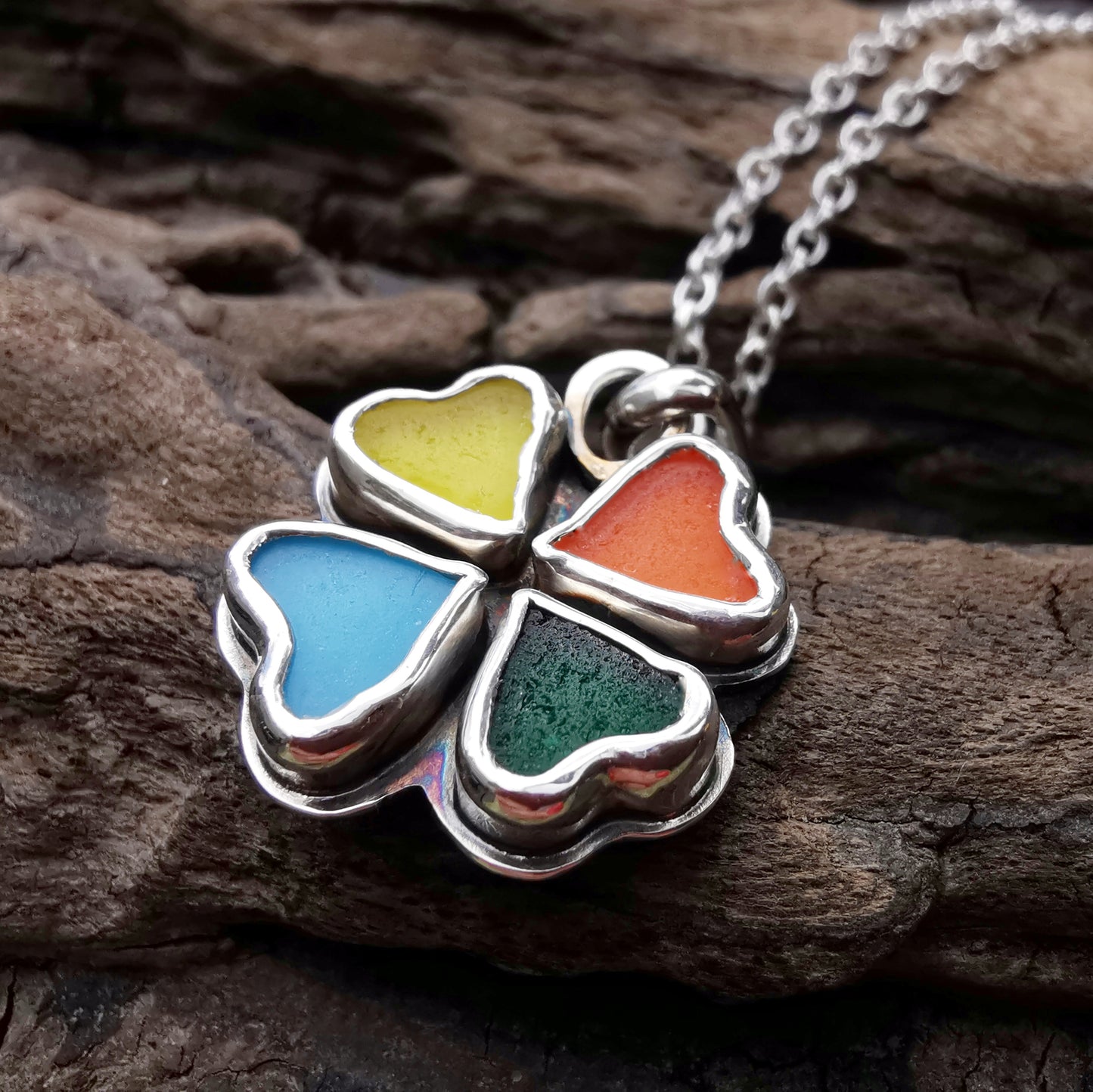 Colourful clover sea glass hearts & sterling silver pendant.