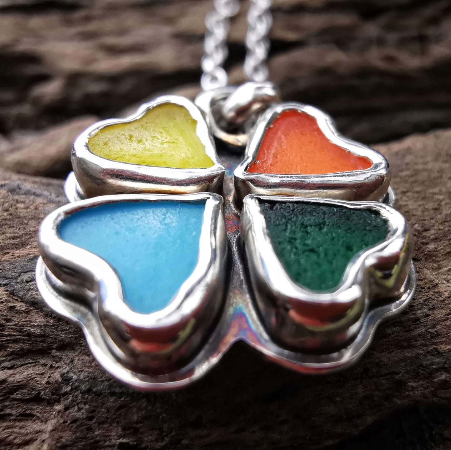 Colourful clover sea glass hearts & sterling silver pendant.