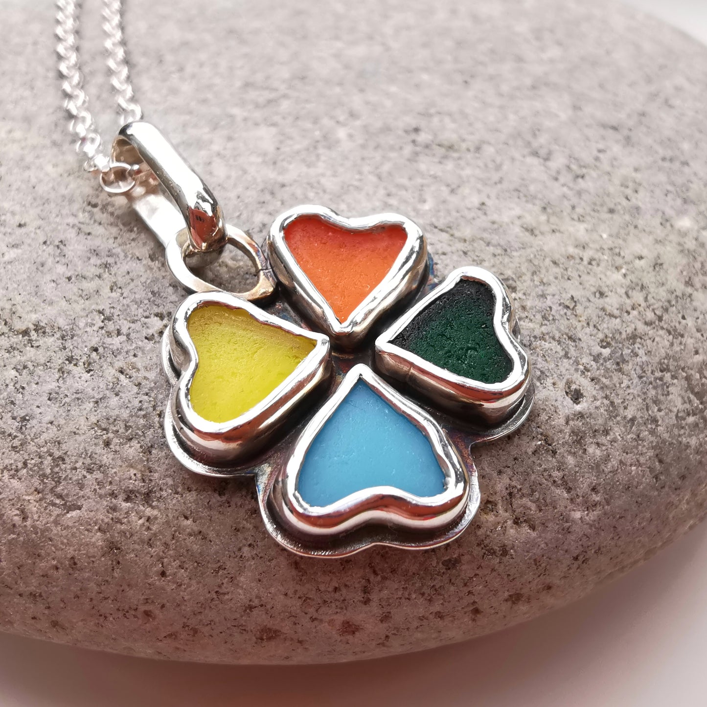 Colourful clover sea glass hearts & sterling silver pendant.