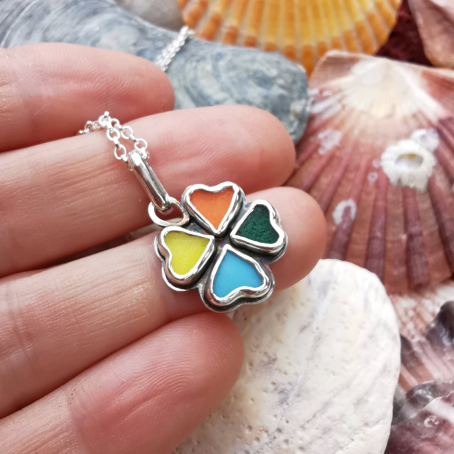 Colourful clover sea glass hearts & sterling silver pendant.