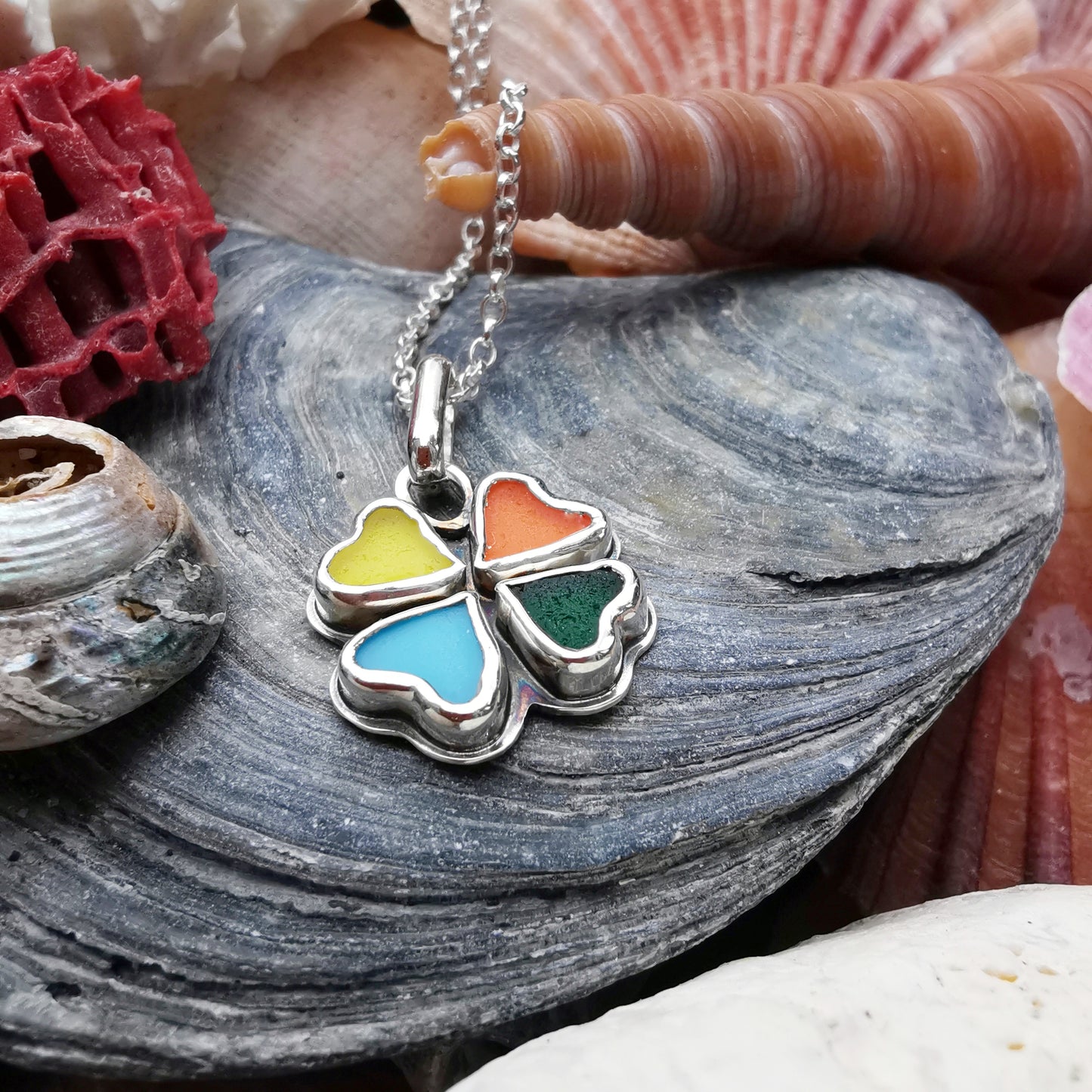 Colourful clover sea glass hearts & sterling silver pendant.