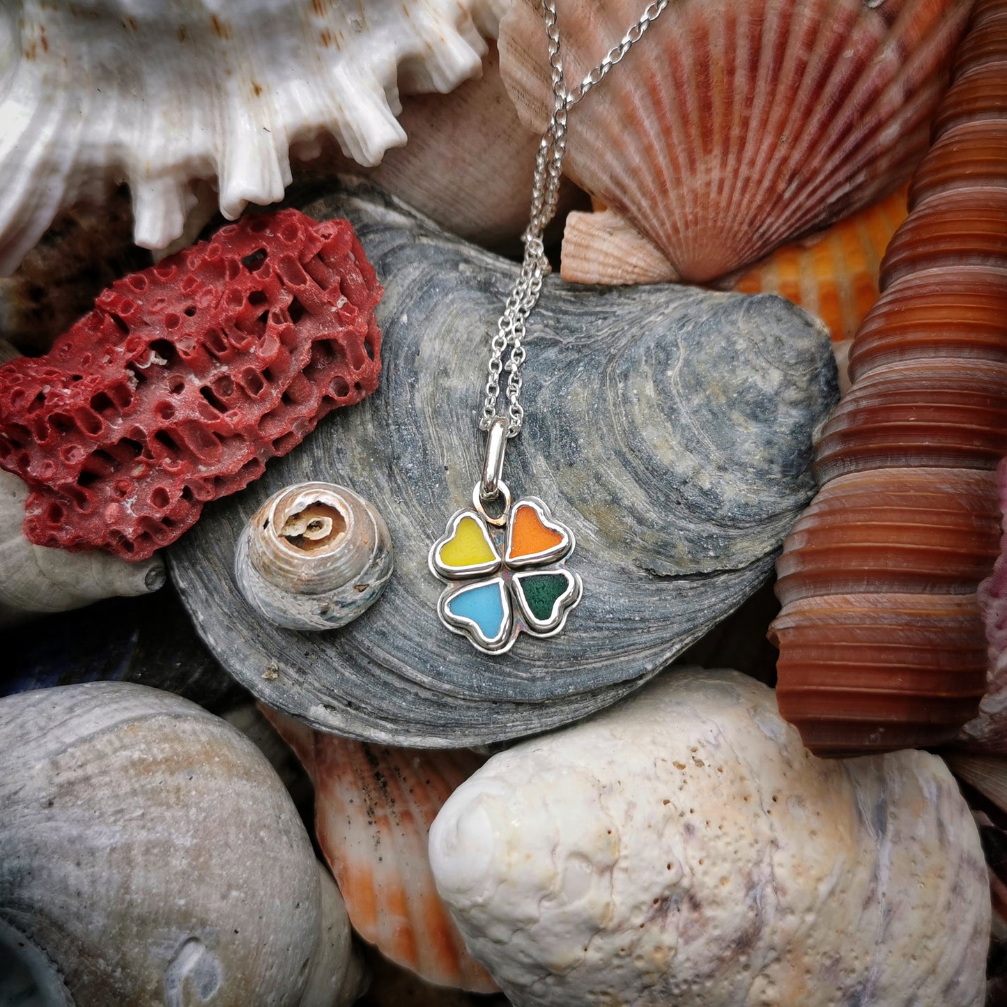 Colourful clover sea glass hearts & sterling silver pendant.