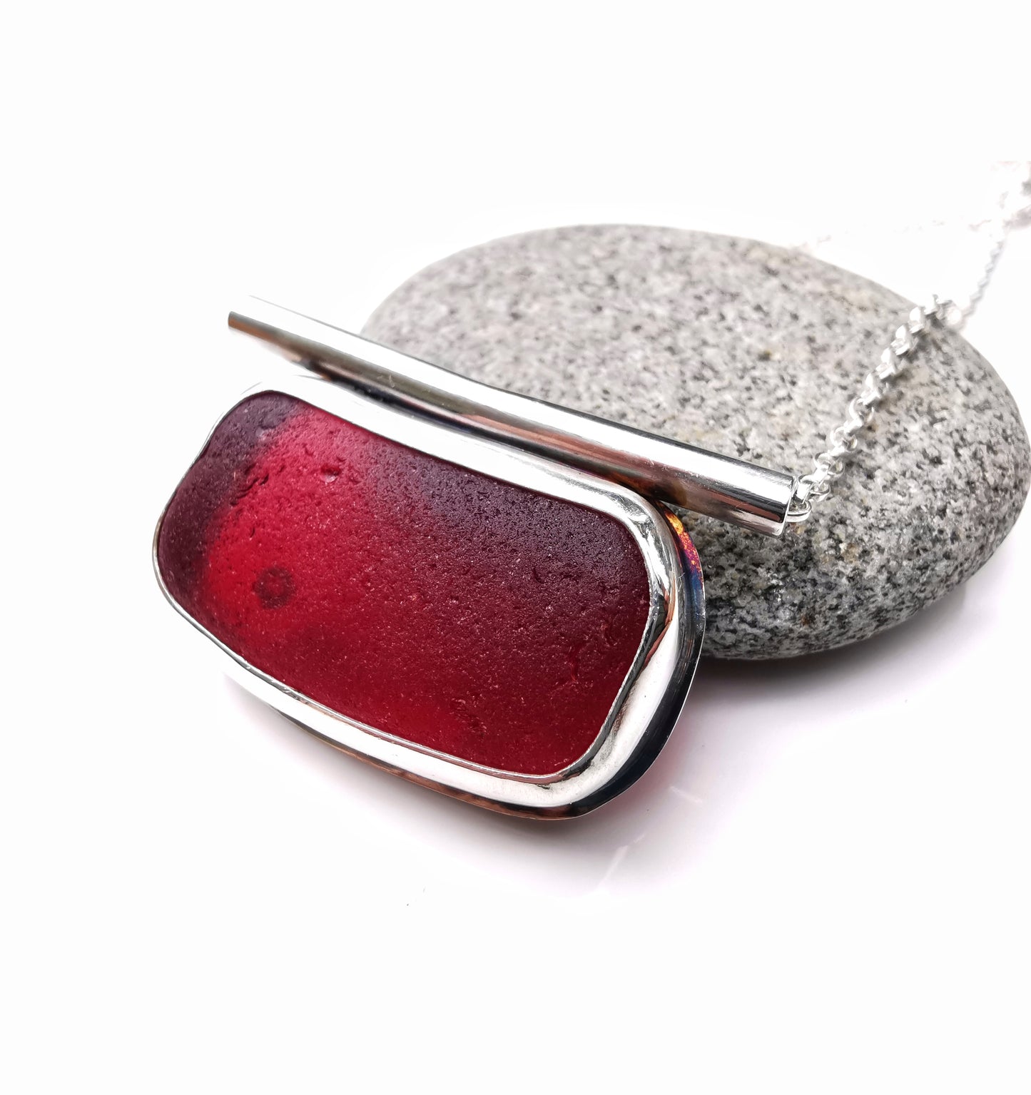 Scottish red sea glass & sterling silver pendant.