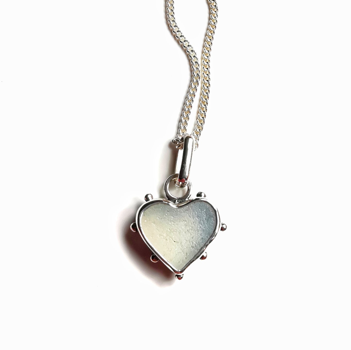 Seaham opalescent sea glass heart & sterling silver pendant.