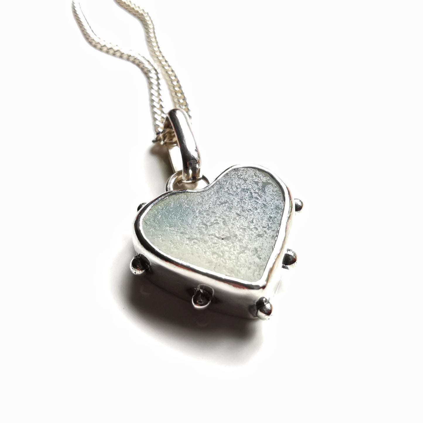 Seaham opalescent sea glass heart & sterling silver pendant.