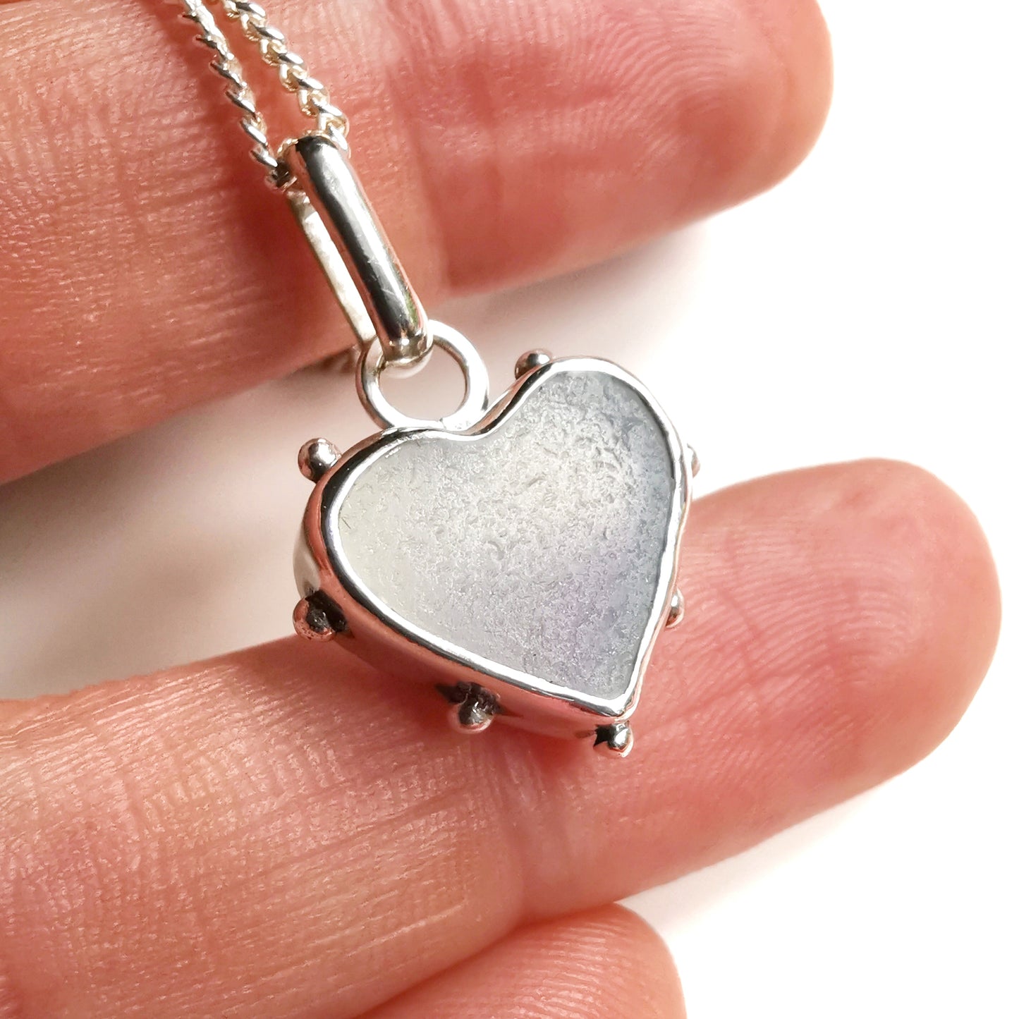 Seaham opalescent sea glass heart & sterling silver pendant.