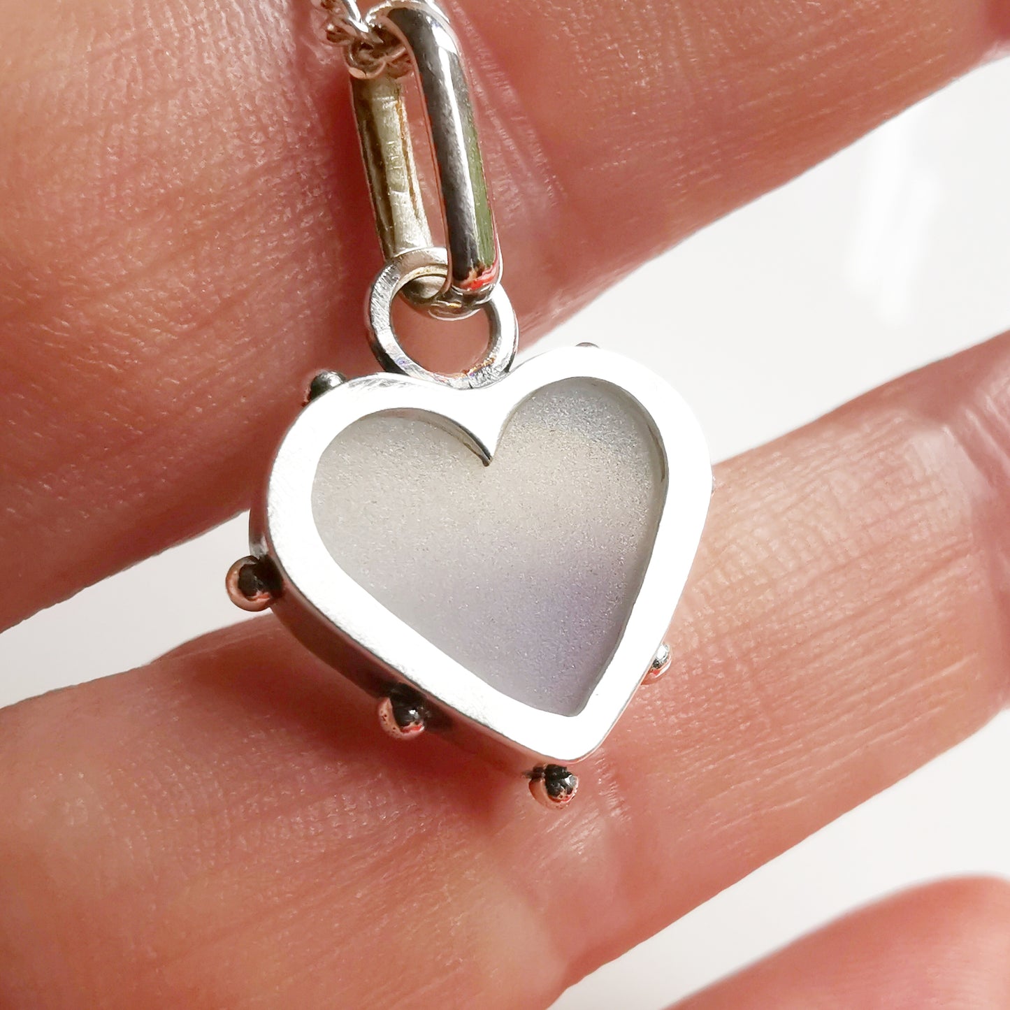 Seaham opalescent sea glass heart & sterling silver pendant.