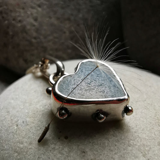 Seaham opalescent sea glass heart & sterling silver pendant.