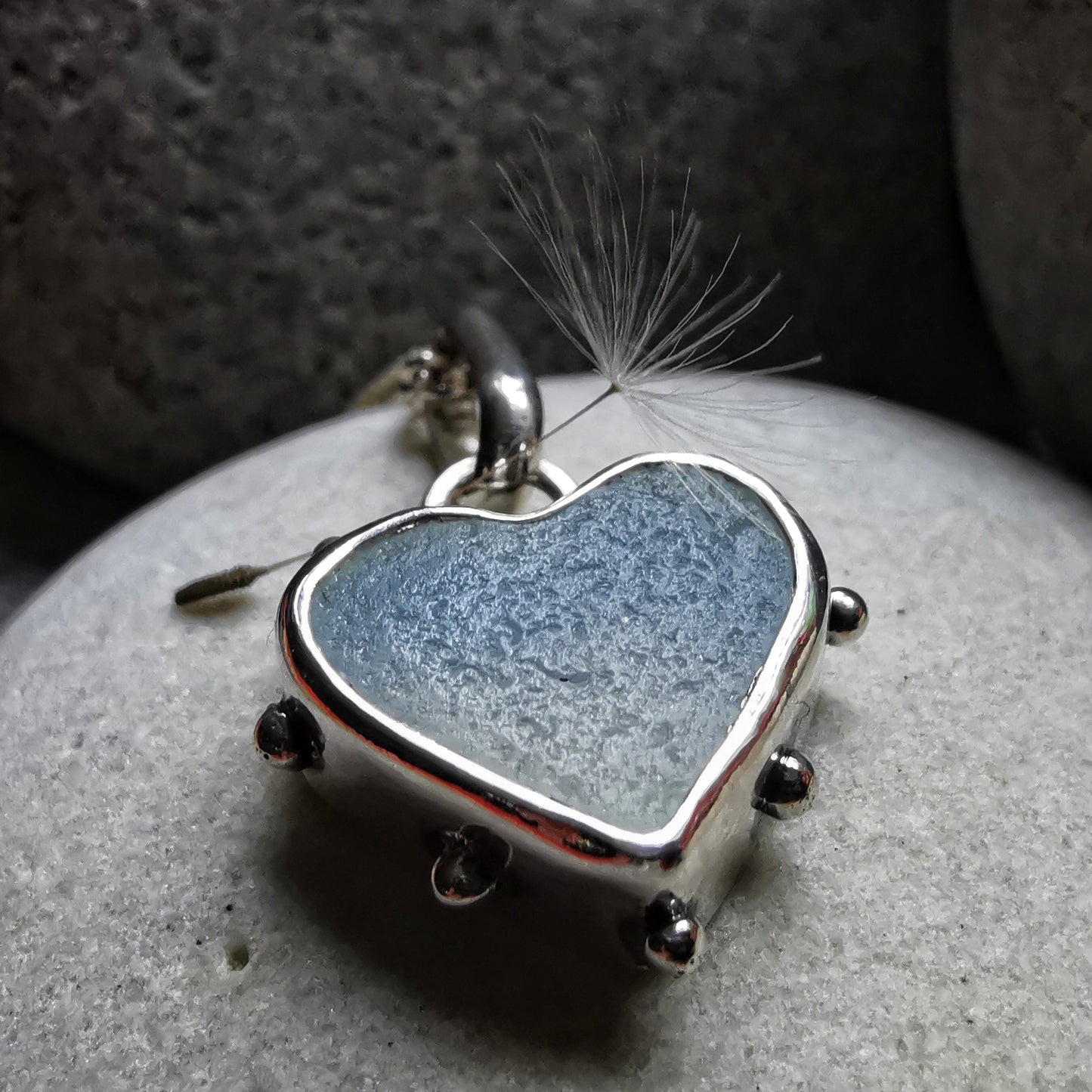Seaham opalescent sea glass heart & sterling silver pendant.