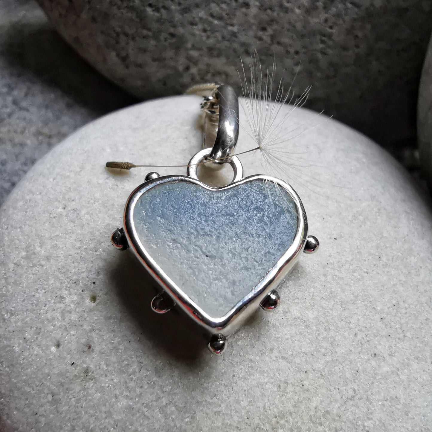 Seaham opalescent sea glass heart & sterling silver pendant.