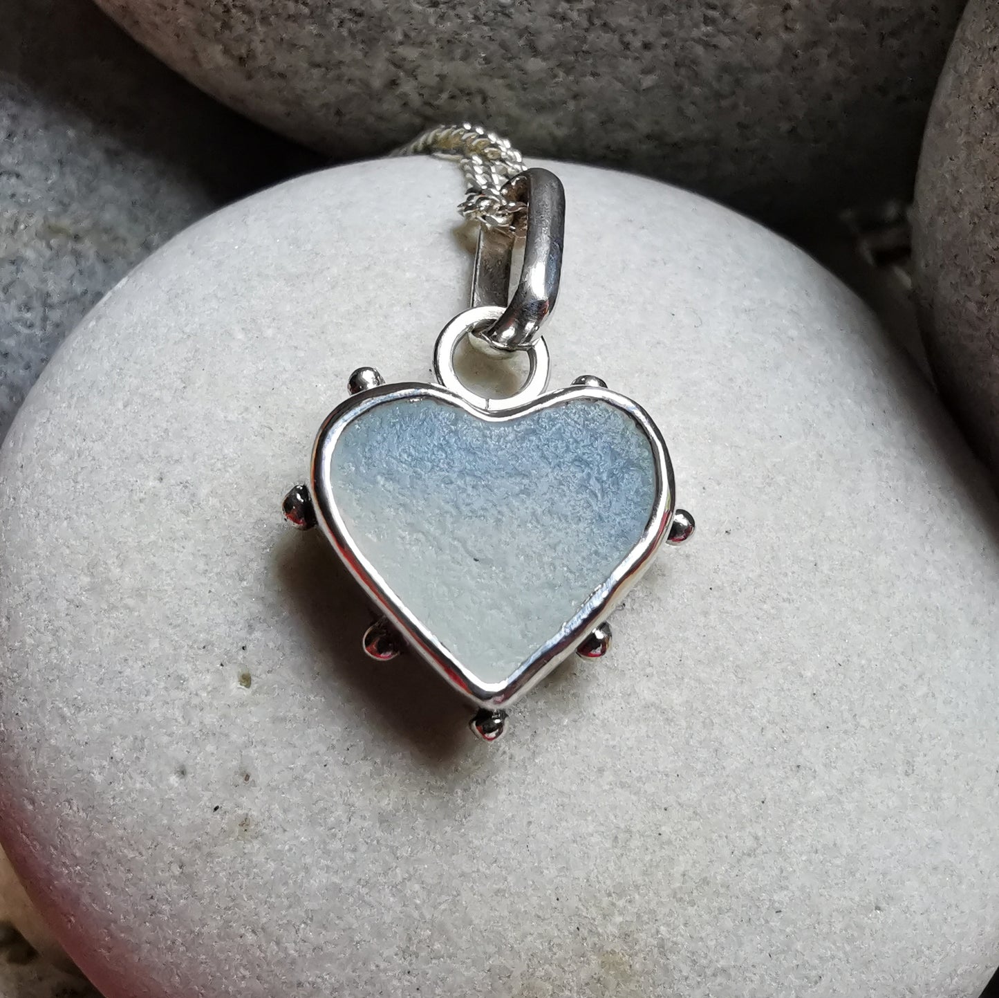 Seaham opalescent sea glass heart & sterling silver pendant.