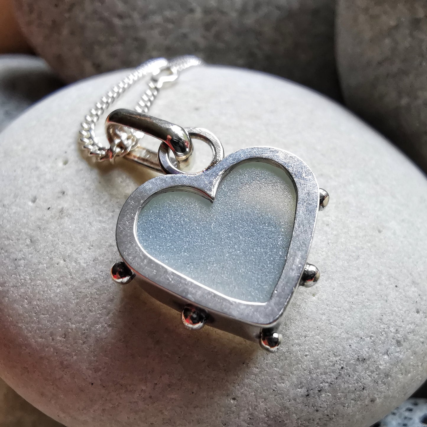 Seaham opalescent sea glass heart & sterling silver pendant.