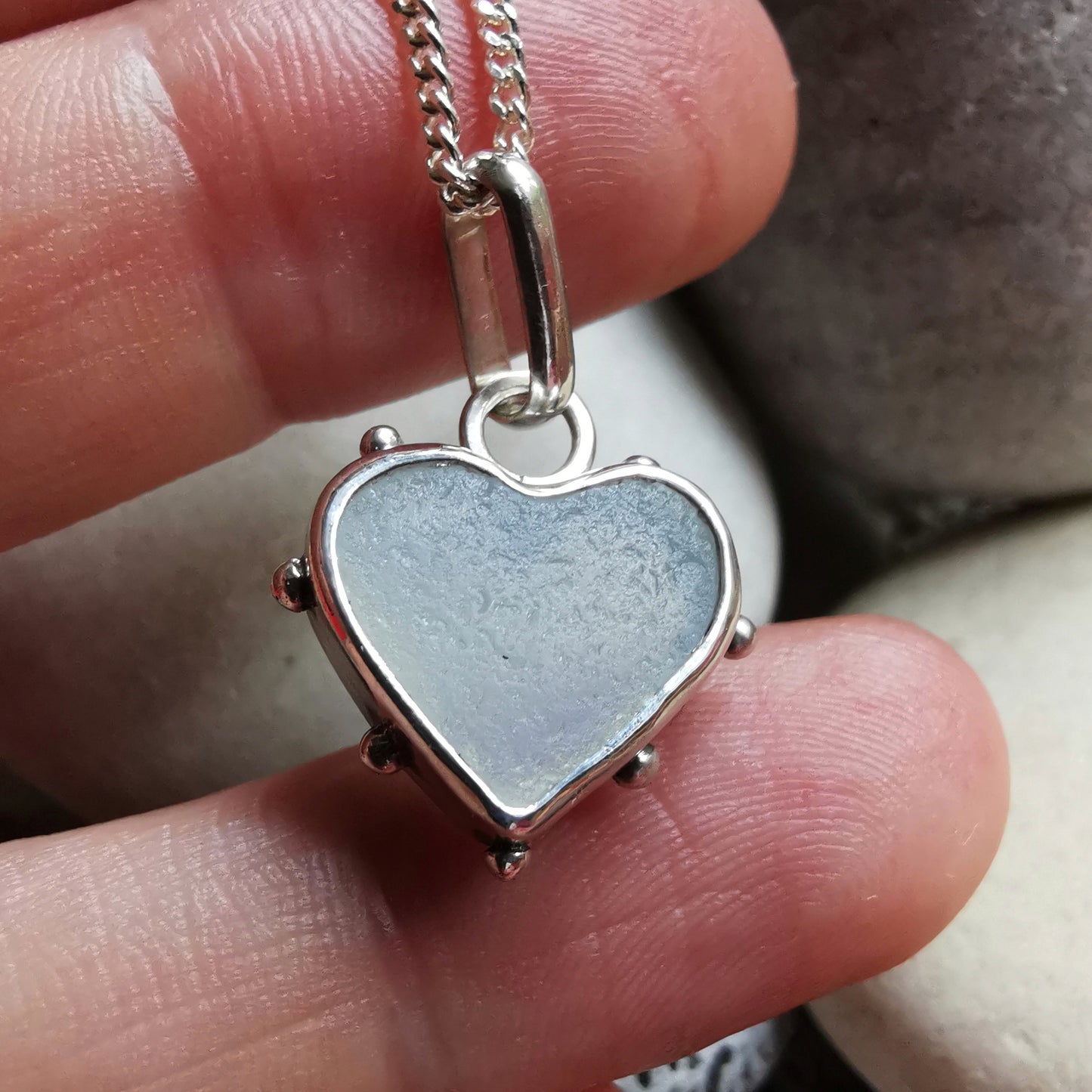 Seaham opalescent sea glass heart & sterling silver pendant.
