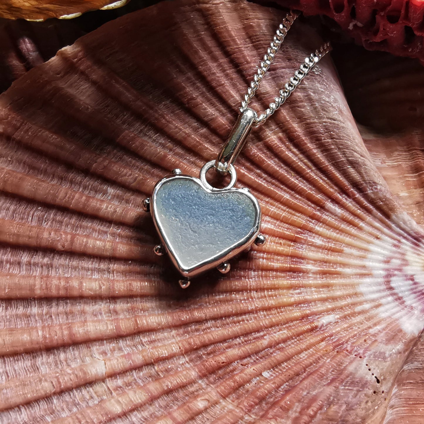 Seaham opalescent sea glass heart & sterling silver pendant.