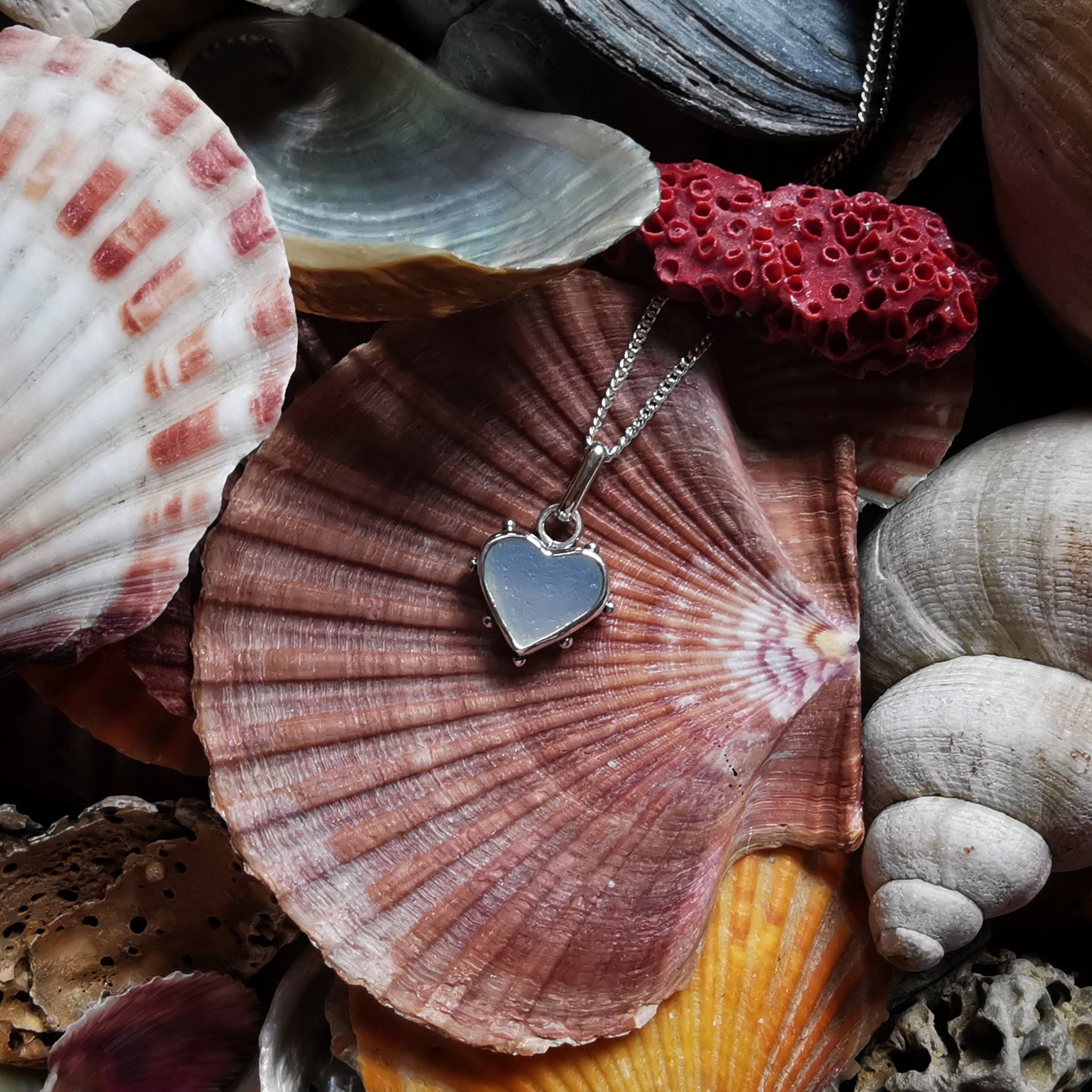 Seaham opalescent sea glass heart & sterling silver pendant.
