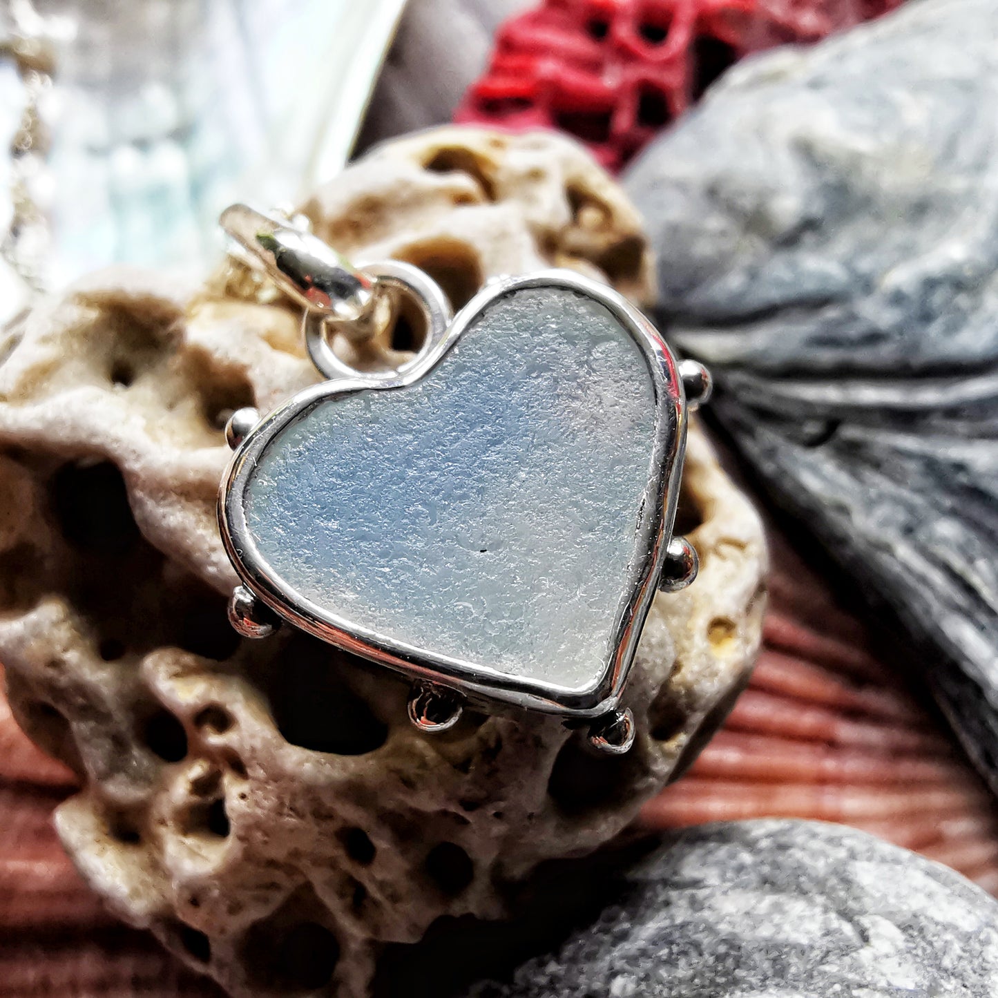 Seaham opalescent sea glass heart & sterling silver pendant.