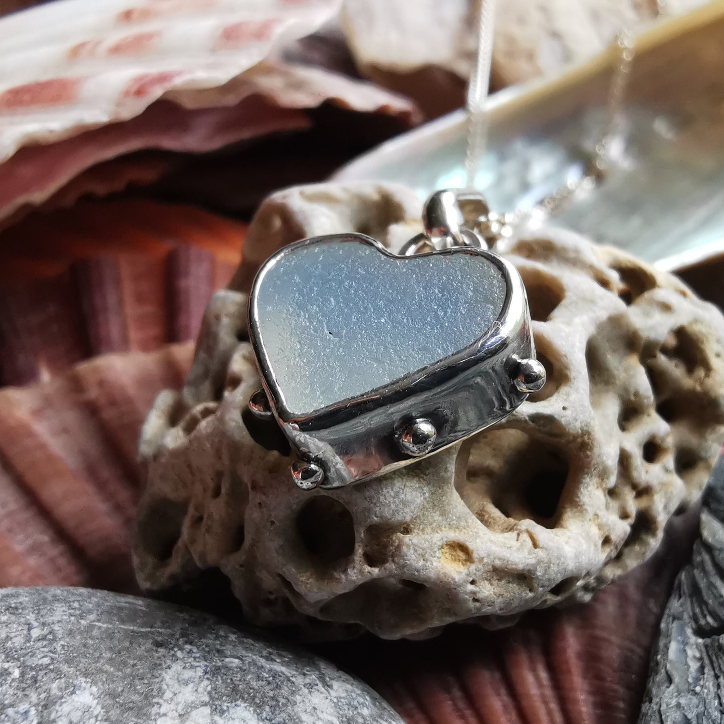 Seaham opalescent sea glass heart & sterling silver pendant.