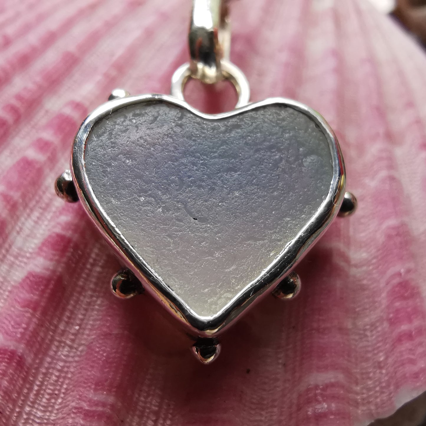 Seaham opalescent sea glass heart & sterling silver pendant.