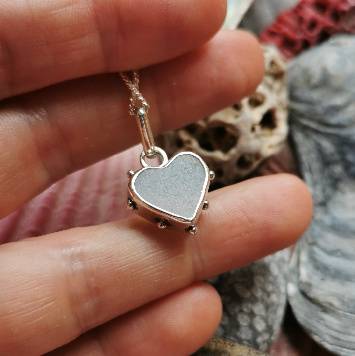 Seaham opalescent sea glass heart & sterling silver pendant.
