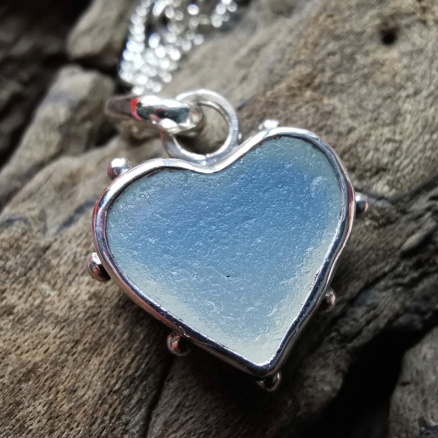 Seaham opalescent sea glass heart & sterling silver pendant.