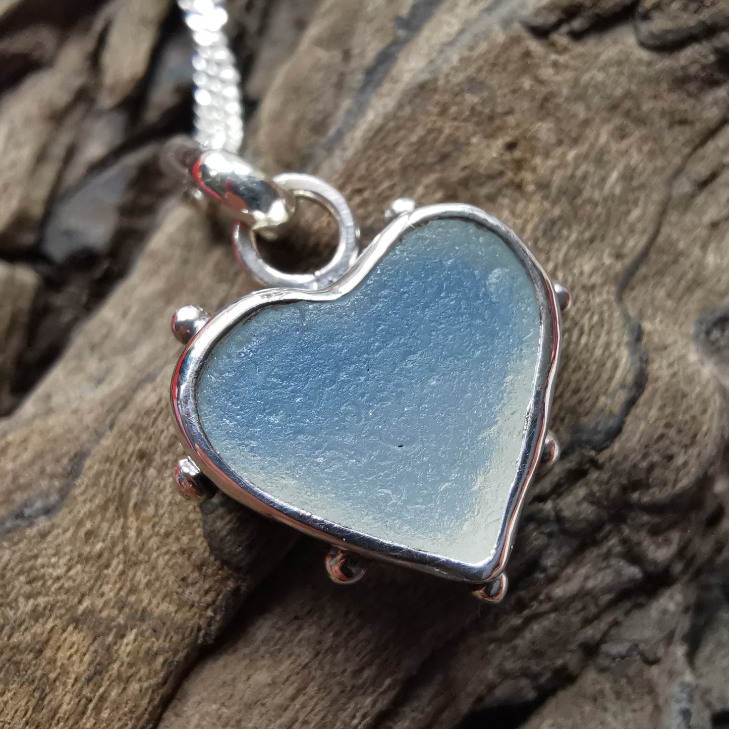 Seaham opalescent sea glass heart & sterling silver pendant.