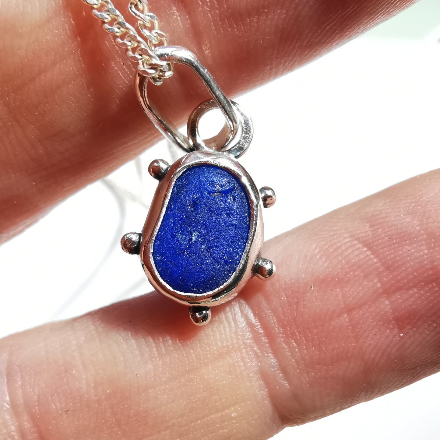 Scottish cobalt blue sea glass & sterling silver pendant.