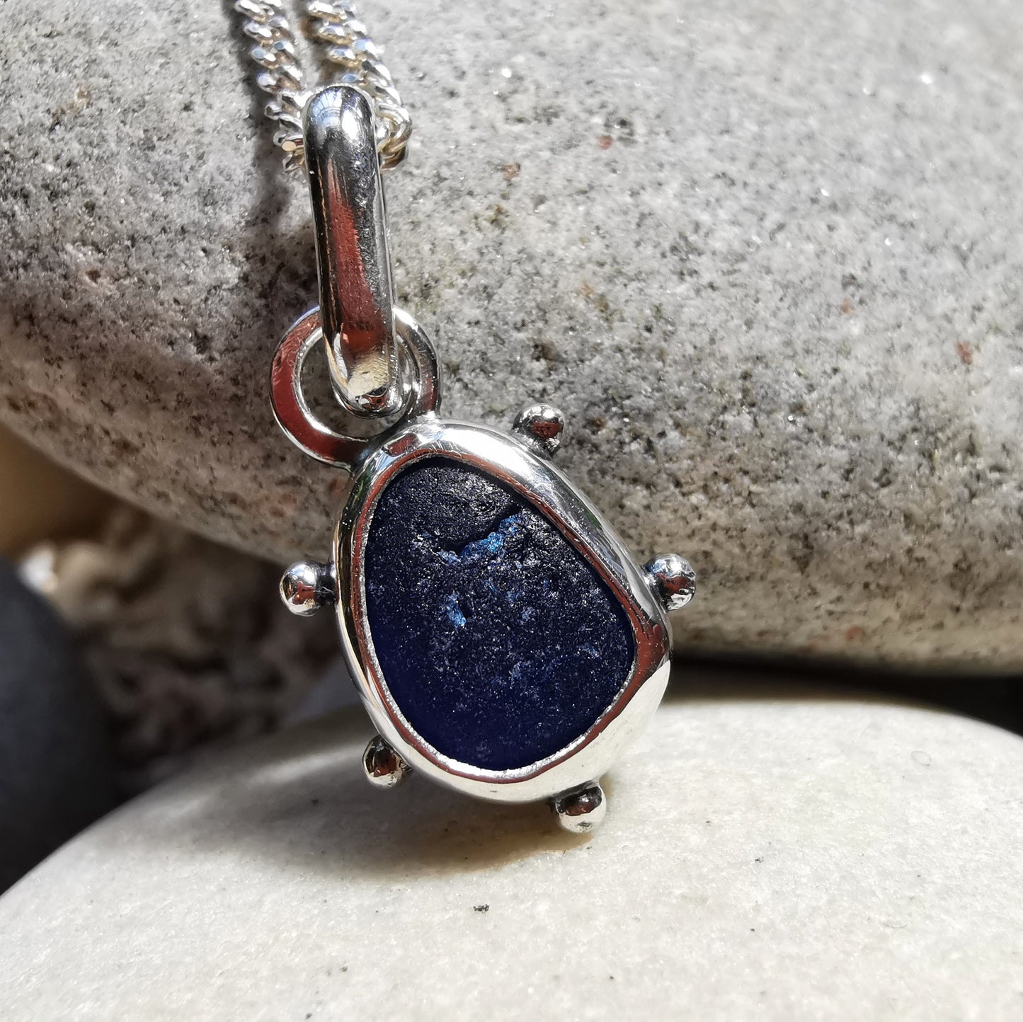 Scottish cobalt blue sea glass & sterling silver pendant.