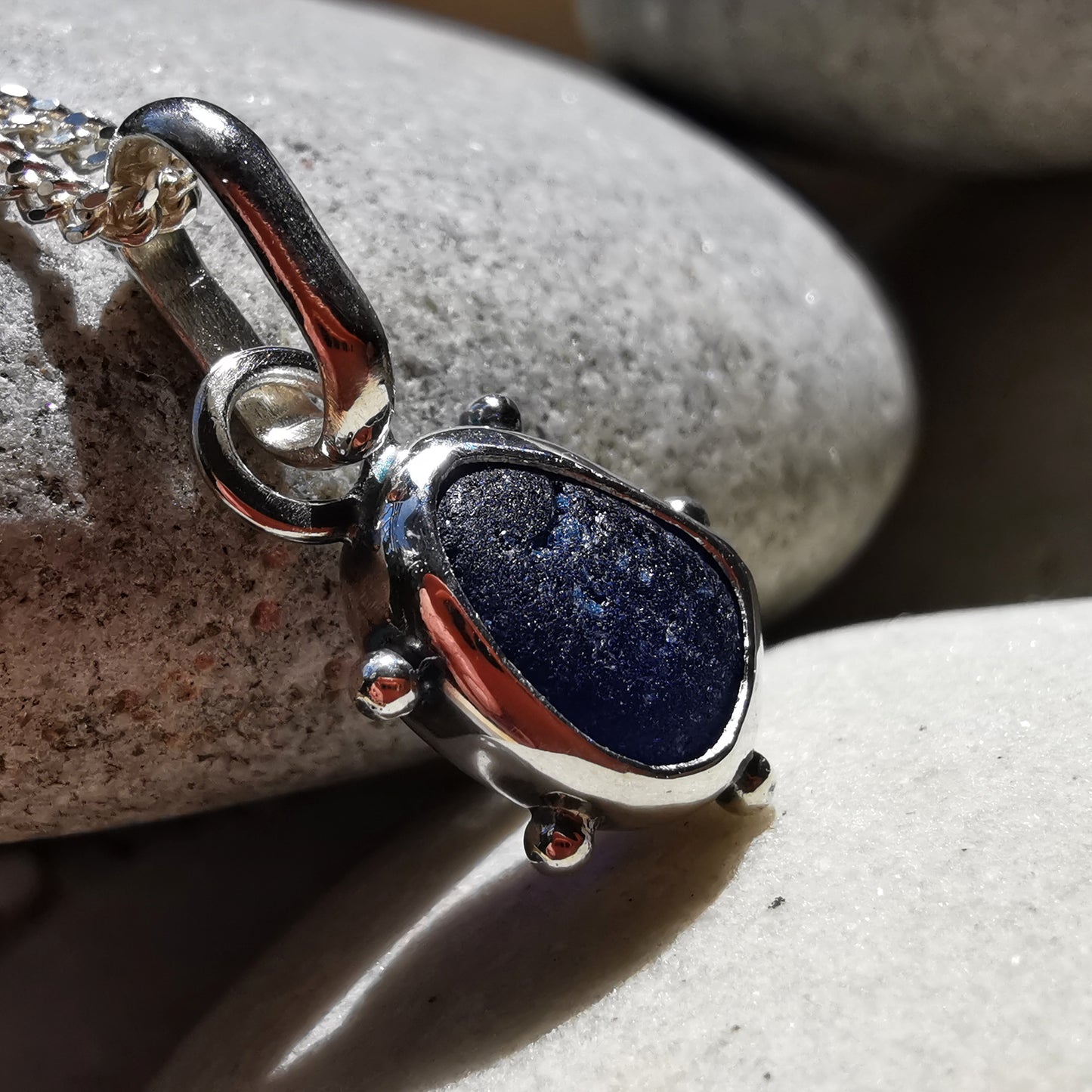 Scottish cobalt blue sea glass & sterling silver pendant.