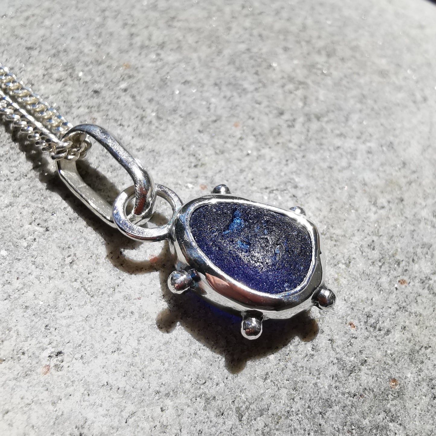 Scottish cobalt blue sea glass & sterling silver pendant.