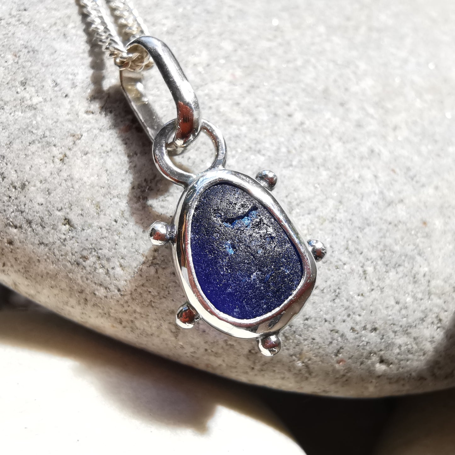 Scottish cobalt blue sea glass & sterling silver pendant.
