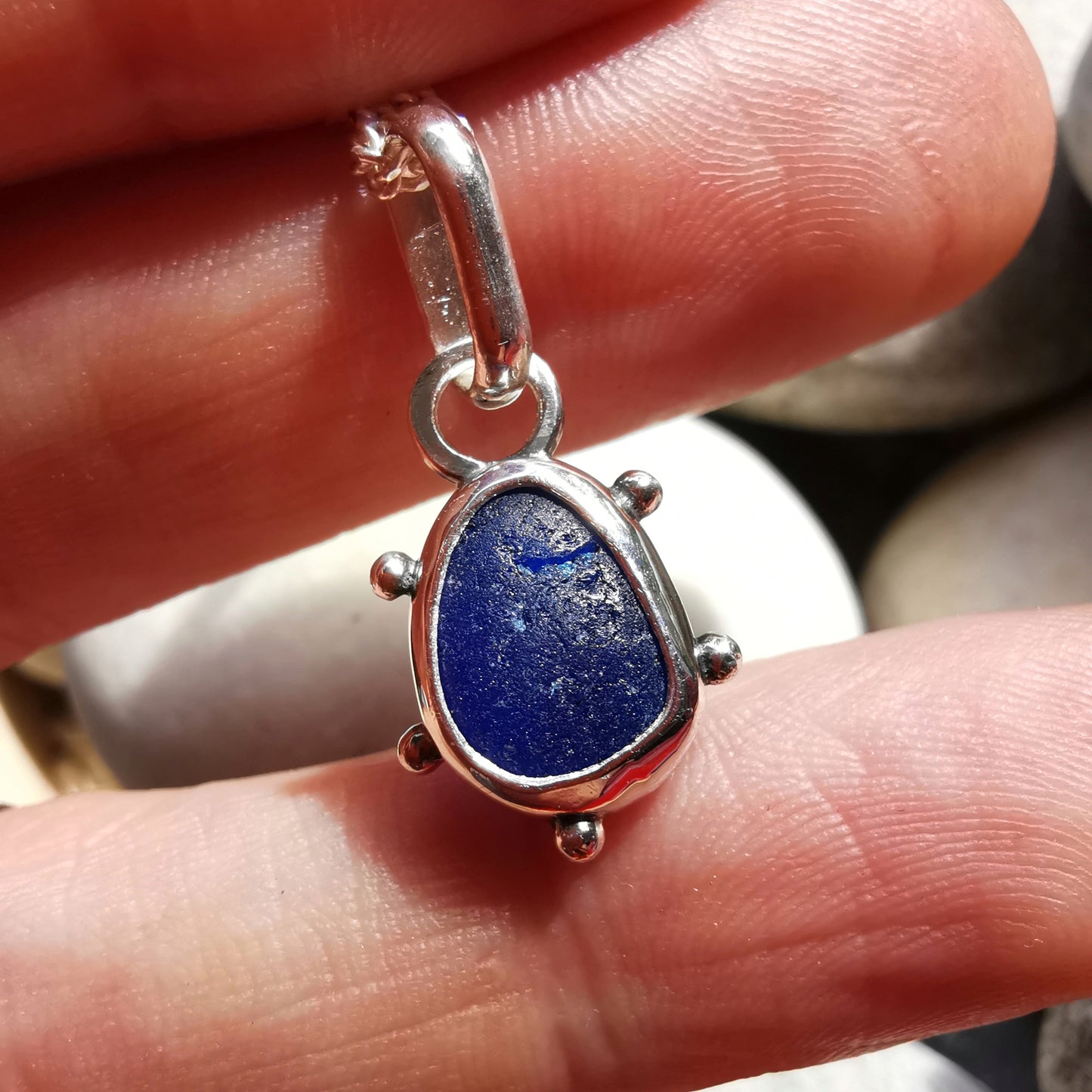 Scottish cobalt blue sea glass & sterling silver pendant.