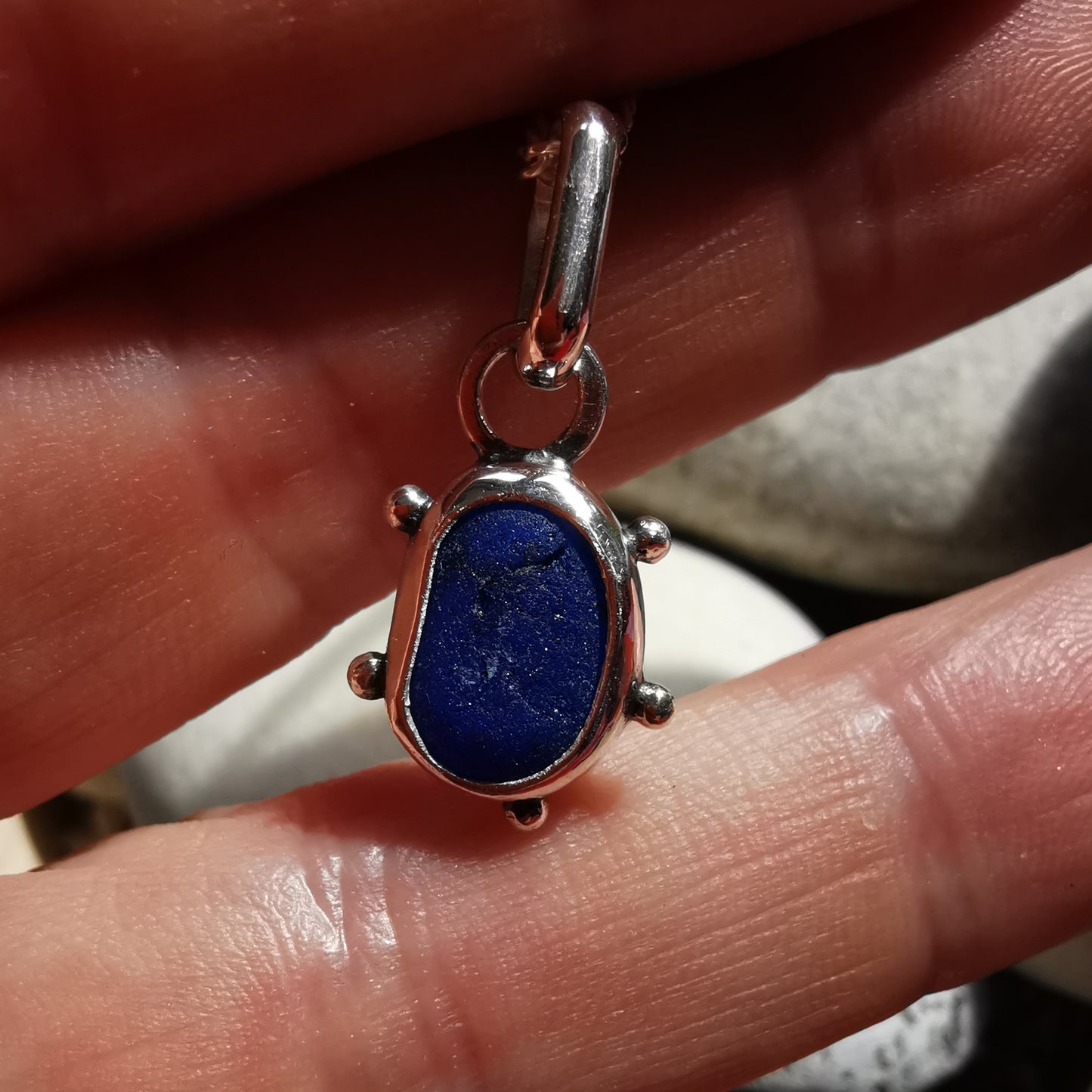 Scottish cobalt blue sea glass & sterling silver pendant.