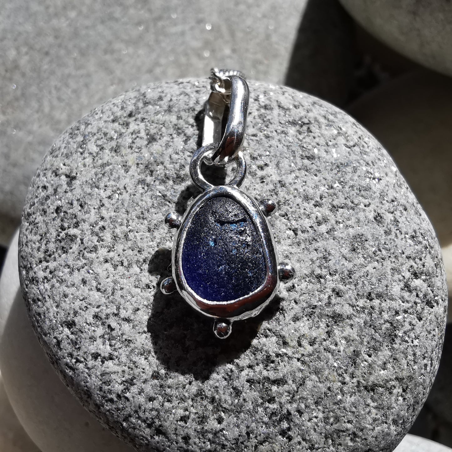 Scottish cobalt blue sea glass & sterling silver pendant.