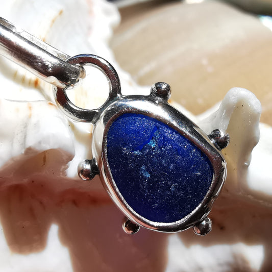 Scottish cobalt blue sea glass & sterling silver pendant.