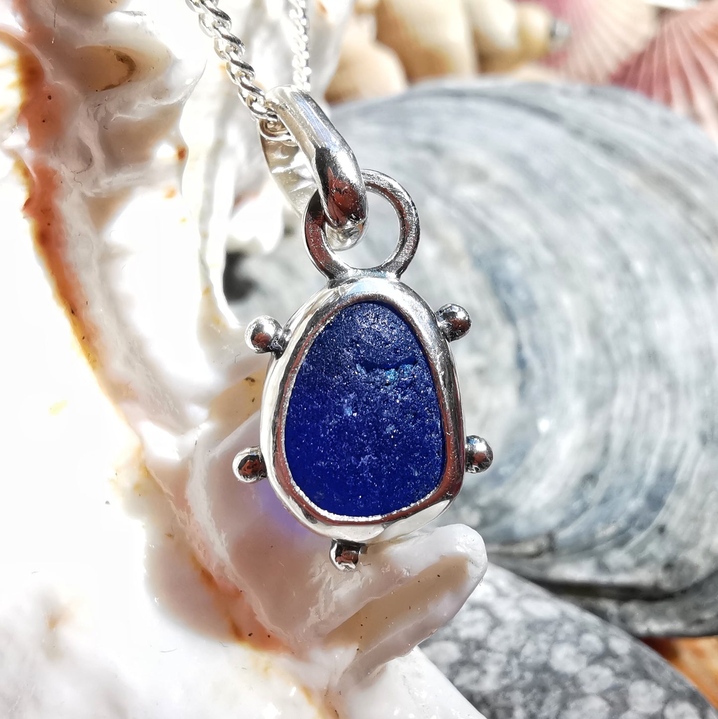 Scottish cobalt blue sea glass & sterling silver pendant.